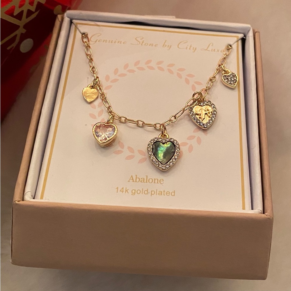 City Luxe 14k Gold Plated Heart Pendant Necklace Abalone & Cubic Zirconia NEW